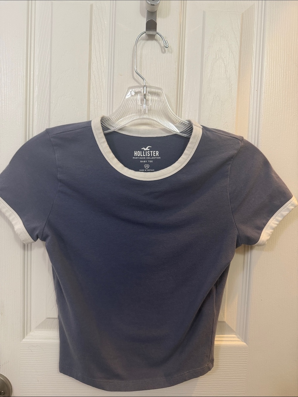 Hollister Slate blue Crop Ringer Tee with White Trim